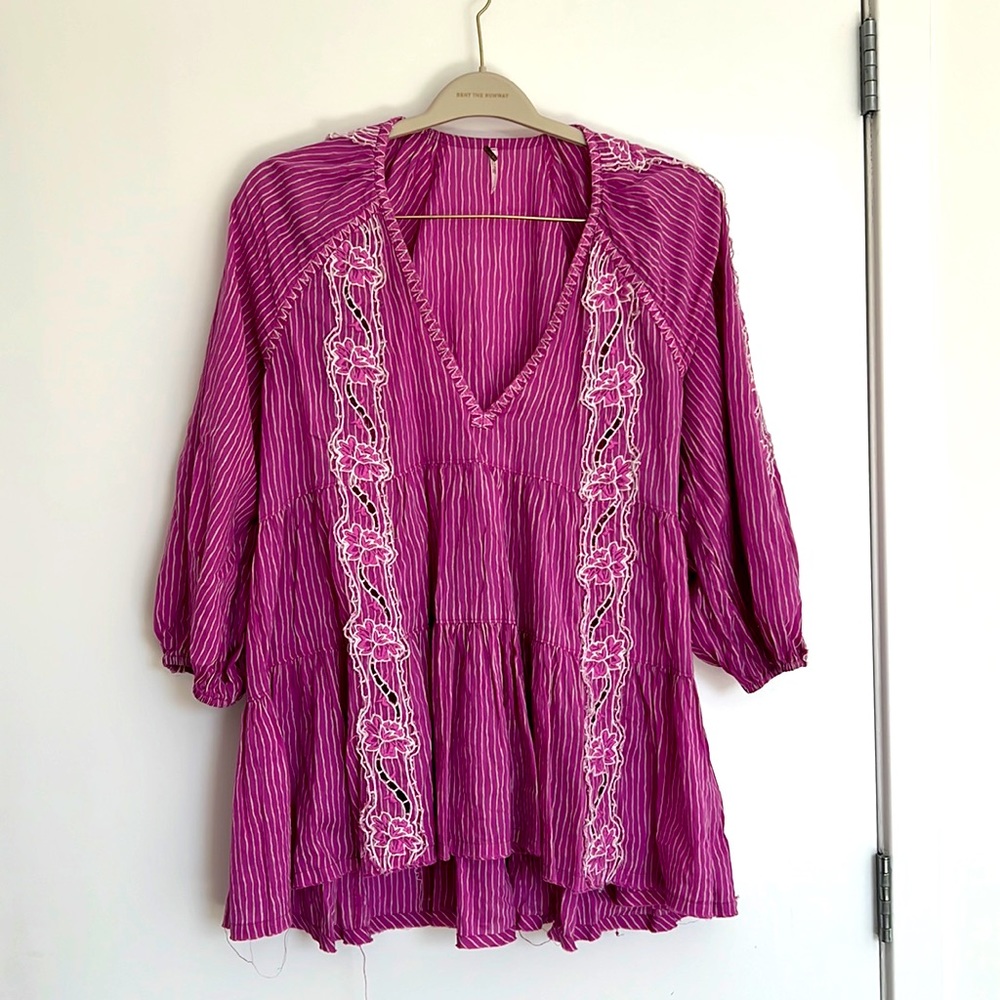 Free People Another Special Day Tunic Pink Embroidered Size Small V-Neck